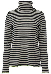 Golf w paski w odcieniach szaro-niebieskich, z długimi rękawami i falbaniastym dołem z zielonymi akcentami. Miękka, elastyczna tkanina bawełniana.