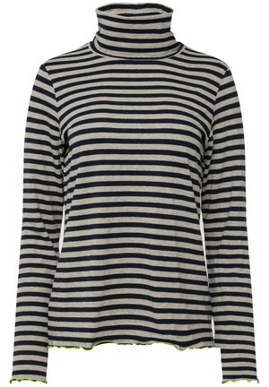 Maglione a collo alto a righe in grigio e blu navy, con maniche lunghe e orlo scallopato con dettagli verdi. Tessuto in cotone morbido e elasticizzato.