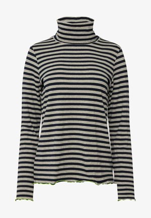 Striped turtleneck top in gray and navy, featuring long sleeves and a scalloped hem with green detailing. Soft, stretchy cotton fabric.