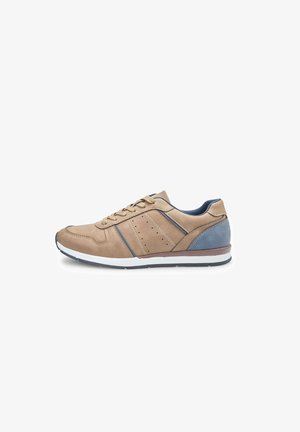 Tan og blå sneakers med læderoverdel, gummisål og tonede striber. Har perforeringer og snørebånd for sikker fastgørelse. Hvid mellemsål.