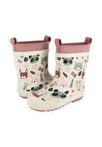 Bottes de pluie en caoutchouc pour enfants avec un fond crème présentant des motifs d'animaux colorés. Accents roses et une semelle texturée pour une meilleure adhérence.