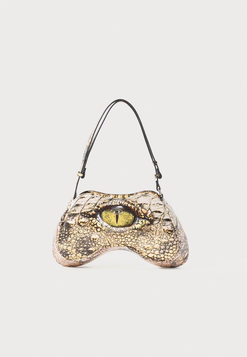 Crocodile-patterned handbag with an eye detail. Features a curved shape, glossy texture, and a single shoulder strap. Predominantly earthy tones.