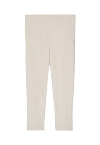 Beige leggings med en glat tekstur, der har en elastisk talje og et tapered ben-design. Ingen synlige mønstre eller hardware-detaljer.