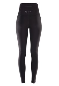Svarta högmidjade leggings med en slät yta, som har en diskret dragkedjeficka på baksidan och kontrasterande sömsdetaljer.