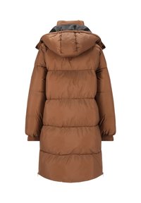 Brun puffjacka med huva, med en quiltad design, elastiska muddare och en slät yta. Inkluderar en svart foder inuti huvan.