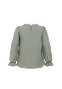 Light green blouse with long puff sleeves, gathered cuffs, and a back keyhole opening. Made of a textured fabric. Simple design.