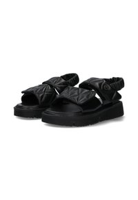 Zwarte gestikte sandalen met een wijde open ontwerp, een elastische enkelband en een dikke rubberen zool voor extra comfort en duurzaamheid.