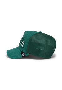 Green cap with a curved visor, made from fabric and mesh. Features embroidered text on the front and a branded accent on the side.