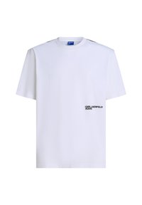 Weißes Baumwoll-T-Shirt mit kurzen Ärmeln, Rundhalsausschnitt und schwarzem Drucklogo "KARL LAGERFELD JEANS" auf der unteren linken Seite.