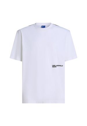 White cotton T-shirt with short sleeves, crew neckline, and black printed logo "KARL LAGERFELD JEANS" on the lower left side.