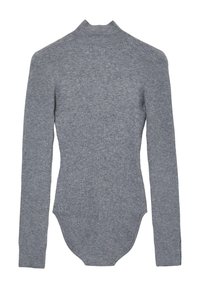Graues geripptes Langarmoberteil mit einem Stehkragen. Es hat eine körperbetonende Passform und einen abgerundeten Saum. Hergestellt aus einem strukturierten Strickstoff.