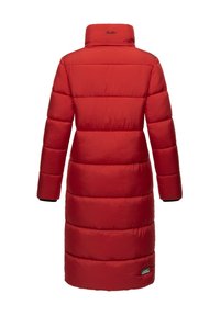 Red puffer coat with a high collar, long sleeves, and a slightly flared hem. Features quilted sections and logo tag on the bottom left side.