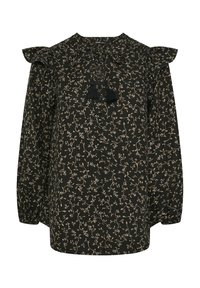 Blusa nera con motivo floreale in beige. Presenta maniche arricciate e un collo a fiocco con frange. Lunga, con una vestibilità ampia, in tessuto testurizzato.