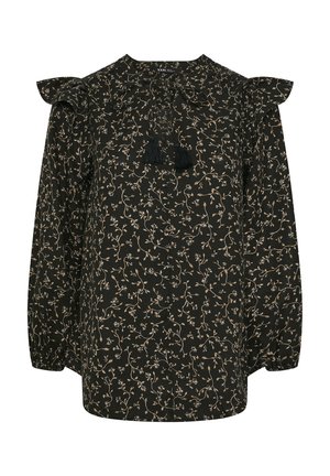 Schwarze Bluse mit floralem Muster in Beige. Verfügt über Rüschensäume und einen Hals mit Schleife und Quasten. Lang, locker geschnitten, strukturiert. 