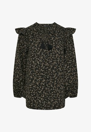 Schwarze Bluse mit floralem Muster in Beige. Verfügt über Rüschensäume und einen Hals mit Schleife und Quasten. Lang, locker geschnitten, strukturiert.