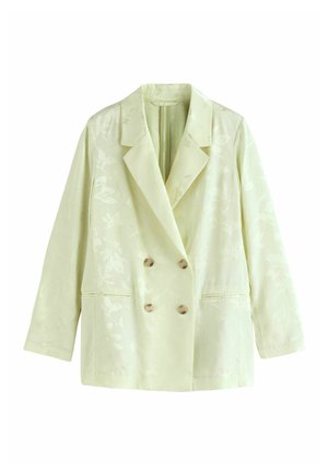 Sacou dublu cu nasturi galben deschis, cu model floral subtil, revere late, mâneci lungi și patru nasturi maro în față.