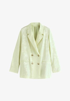 Hele kollane topeltreaga bleiser peene lillemustriga, laia krae, pikkade varrukate ja nelja pruuni nööbiga ees.