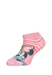 Chaussette de cheville rose avec un design de personnage de dessin animé, comportant des rayures et une finition texturée. Détails notables incluant un nœud imprimé.