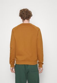 Sudadera marrón con cuello redondo y mangas raglán, puños y dobladillo acanalados. La parte trasera presenta una textura suave sin logotipos ni patrones visibles.