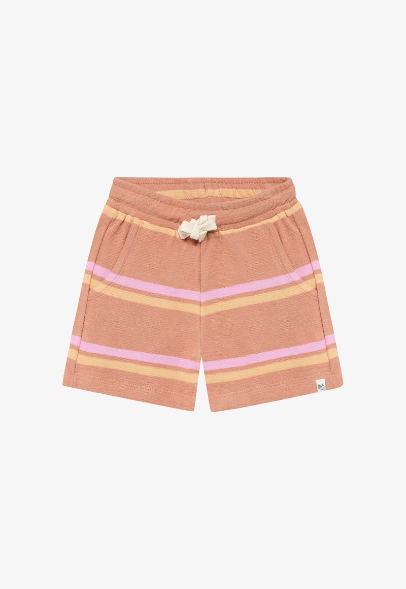 Shorts marron avec des rayures horizontales rose, jaune et marron clair. Dotés d'une ceinture élastique avec un cordon de serrage et des poches latérales.