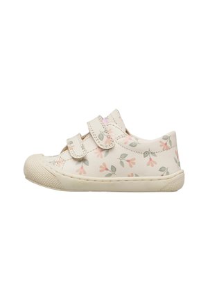 Scarpa da ginnastica per bambini in crema con motivo floreale rosa e verde, due cinturini in Velcro e punta e suola in gomma texturizzata.