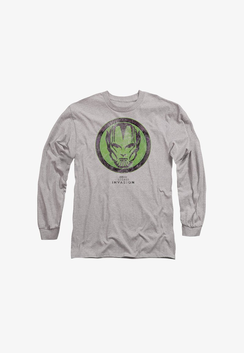 Langärmliges graues Shirt mit einem grünen und schwarzen kreisförmigen Grafik, die ein stilisiertes Alien-Gesicht zeigt und dem Text "Secret Invasion" darunter.