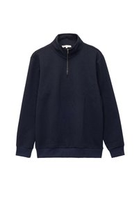 Sudadera de color azul marino con cremallera de un cuarto, textura acanalada, mangas largas y cuello alto. Cremallera ajustable con un diseño sencillo.