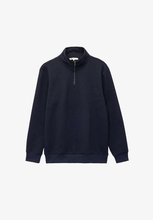 Dunkelblaues Pullover-Sweatshirt mit einem Viertelzip, geripptem Textil, langen Ärmeln und hohem Kragen. Verstellbarer Reißverschluss mit schlichten Design.
