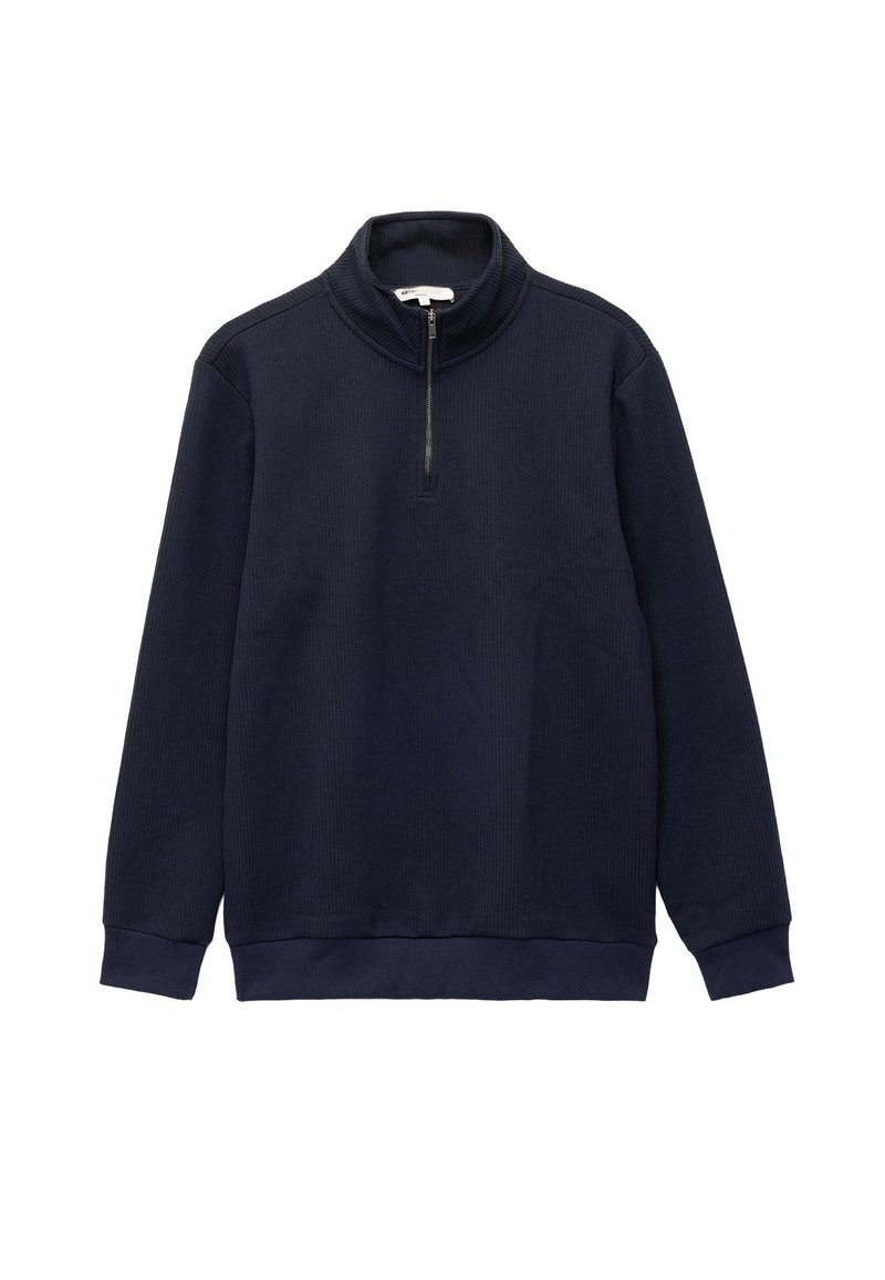 Sudadera de color azul marino con cremallera de un cuarto, textura acanalada, mangas largas y cuello alto. Cremallera ajustable con un diseño sencillo.