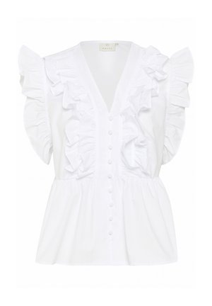 Balta blūze ar V veida kakla izgriezumu, viļņotām piedurknēm, pogām priekšā un pieguļošu korpusu ar savilktu vidukli.