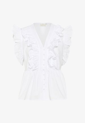 White blouse featuring a V-neck, ruffled sleeves, button front closure, and a fitted bodice with a gathered waistline.