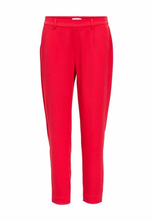 Rote Hose mit glatter Textur, schmal zulaufender Passform und dezenten Falten an der Vorderseite. Verfügt über einen Standardbund und Schlitztaschen.