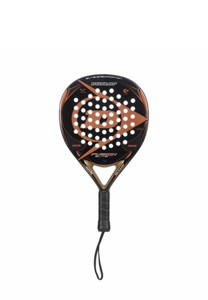 Schwarzer und bronzefarbener Dunlop Fusion Elite Padel-Schläger mit perforiertem rundem Kopf, umwickeltem Griff und Handgelenkschlaufe.