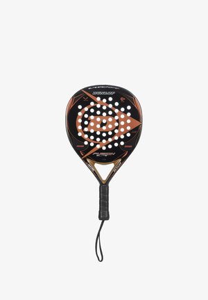 Schwarzer und bronzefarbener Dunlop Fusion Elite Padel-Schläger mit perforiertem rundem Kopf, umwickeltem Griff und Handgelenkschlaufe.