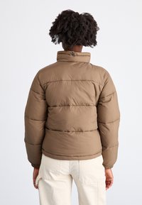 Giacca a vento marrone con colletto alto, caratterizzata da cuciture orizzontali e polsini elastici. Texture liscia con una vestibilità comoda.