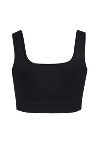 Top corto negro con canalé, tirantes anchos, escote cuadrado y diseño ajustado. Textura de tela elástica, adecuado para uso casual.