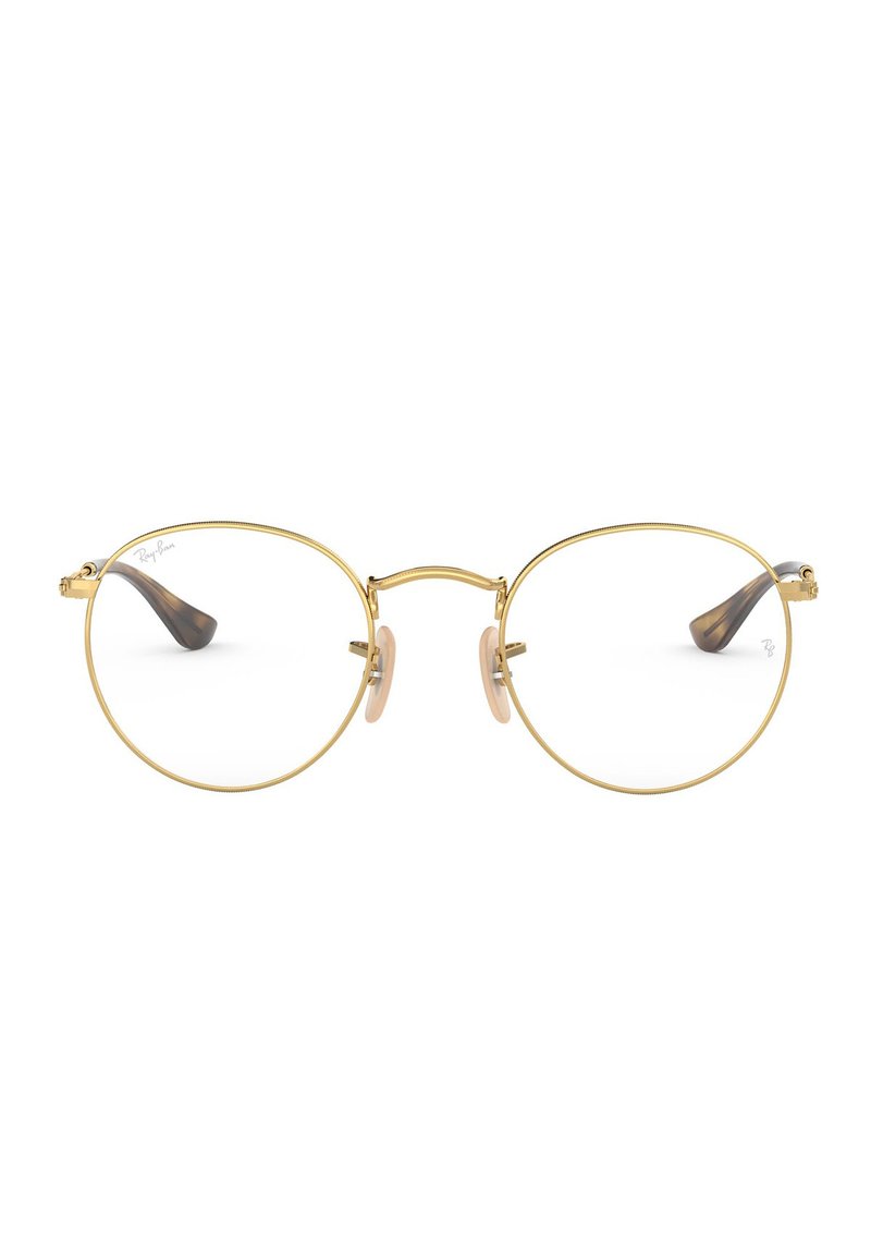 Montature per occhiali rotonde in metallo dorato con lenti trasparenti, caratterizzate da un design a doppio ponte, con naselli in silicone e aste tempio con accenti marroni.