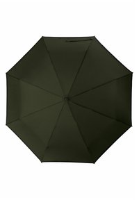 Tmavozelený dáždnik s okrúhlym baldachýnom, ôsmymi panelmi a čiernym lemovaním. Tkanina vyzerá hladko a obsahuje jeden úchop na prenášanie.