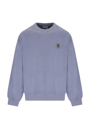 Hellviolettes Sweatshirt mit Rundhalsausschnitt, gerippten Bündchen und Saum, mit kleinem Carhartt-Logo-Patch auf der linken Brust.