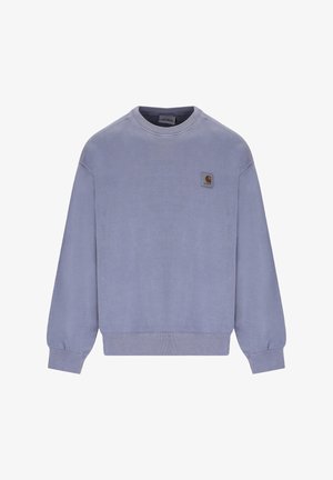 Light purple crewneck sweatshirt with ribbed cuffs and hem, featuring a small Carhartt logo patch on the left chest.