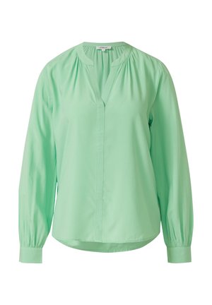 Mintgroene blouse met lange mouwen, V-hals, geplooide details op de schouders en manchetten met knopen. Zacht, gladde stof met een comfortabele pasvorm.