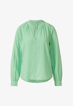 Miętowo-zielona bluzka z długim rękawem, dekoltem w serek, marszczeniami na ramionach i mankietami na guziki. Miękka, gładka tkanina o luźnym kroju.