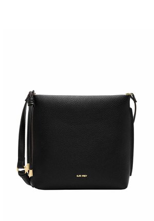 Borsa a tracolla in pelle nera texturizzata con tracolla regolabile e piccolo logo dorato al centro anteriore.