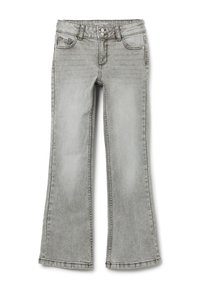 Grijze spijkerbroek met flare, een middelhoge taille, vijf zakken en zichtbare stikseldetails. Zachte textuur met een vervaagde afwerking.