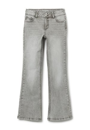 Jeans de mezclilla gris acampanados con una cintura de altura media, cinco bolsillos y detalles de costura visibles. Textura suave con un acabado desgastado.