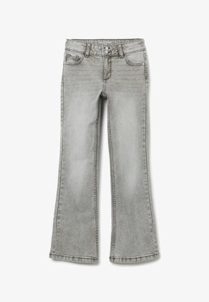 Flared gray denim jeans with a mid-rise waist, five pockets, and visible stitching details. Soft texture with a faded finish.