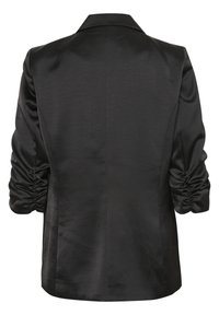 Blazer nero con colletto strutturato, finitura satinata liscia, maniche arricciate e silhouette su misura. Linee pulite e design minimalista.