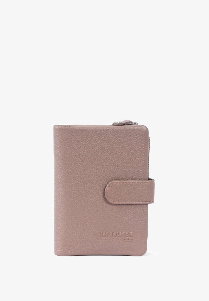 Light brown leather wallet with a textured surface, featuring a snap closure and a zippered compartment, embossed logo on the front.