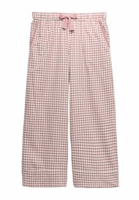 Pantalons de pyjama à larges jambes en vichy rose et blanc avec taille élastique et nœud à cordon, dotés de poches latérales.