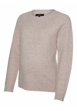 Jasno beżowy sweter wykonany z miękkiej dzianiny, z okrągłym dekoltem i długimi rękawami z prążkowanymi mankietami oraz dołem. Prosty design.